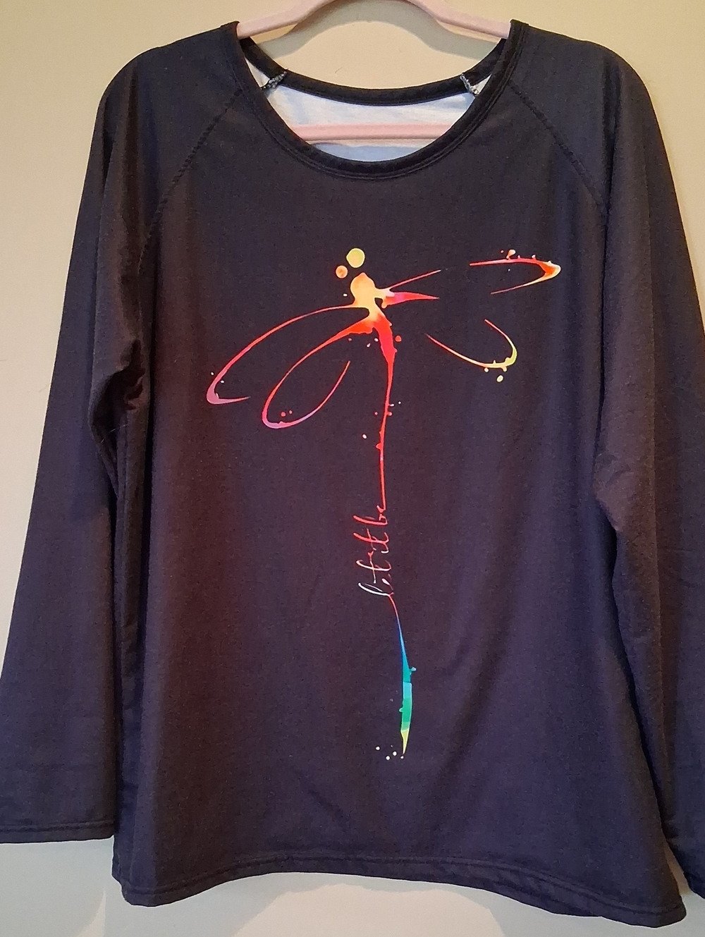 Black Long-Sleeve Top with Rainbow Dragonfly Graphic